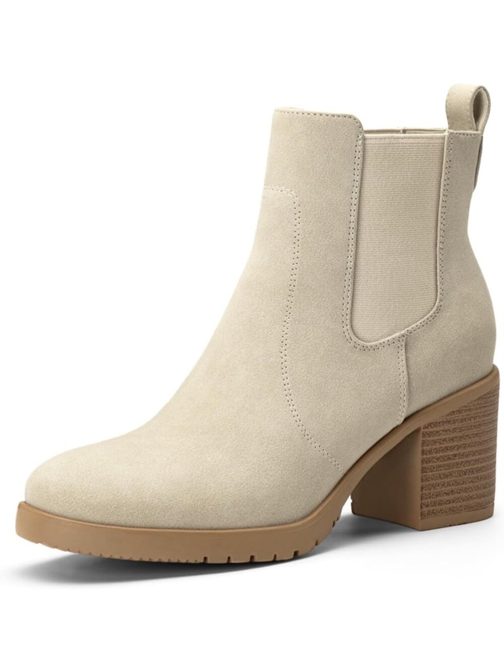 Women Nude Suede Chunky Block Heel Round Toe Slip On Elastic Chelsea Ankle Boots